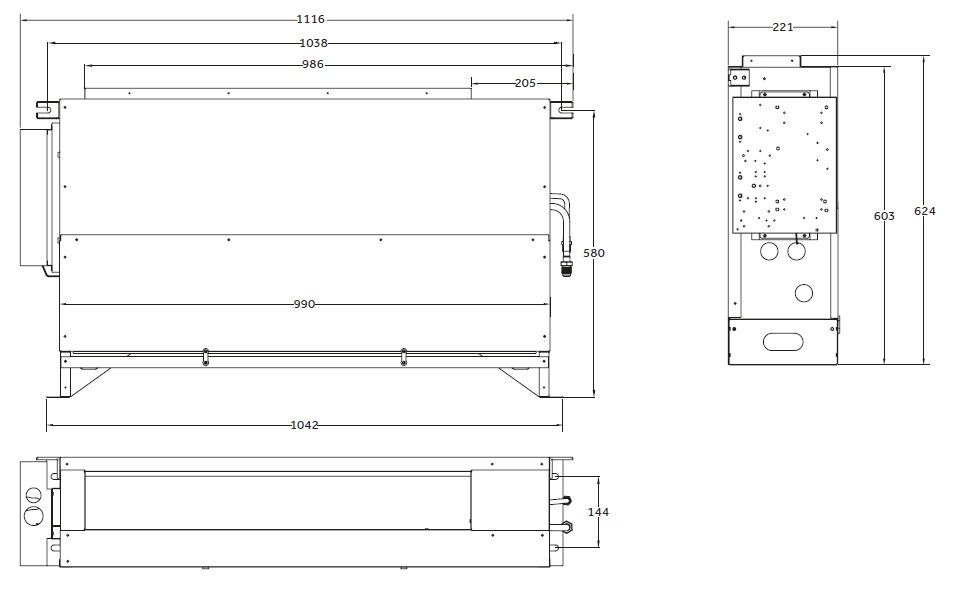 Diagram showing dimensions of built-in floor-standing ventilation unit.