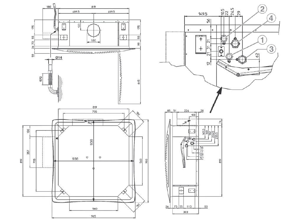 Dimensions of TopLine series cassette fan coil units, showing models with 2 or 4 pipes.