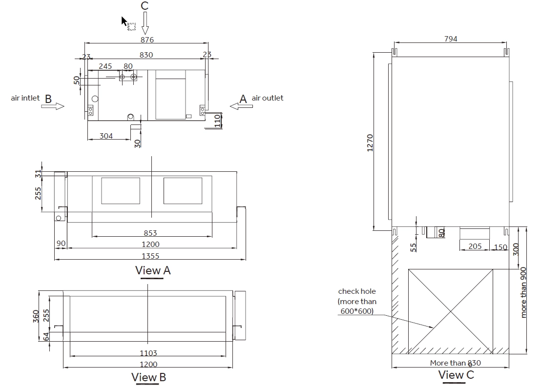 Dimensions and installation features of the Fresh air duct with optimized heat exchanger and static pressure options.