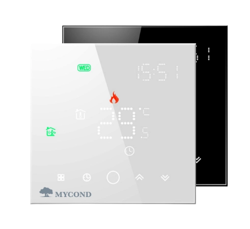Mycond Block thermostat controlling room air and floor temperature for efficient heating.