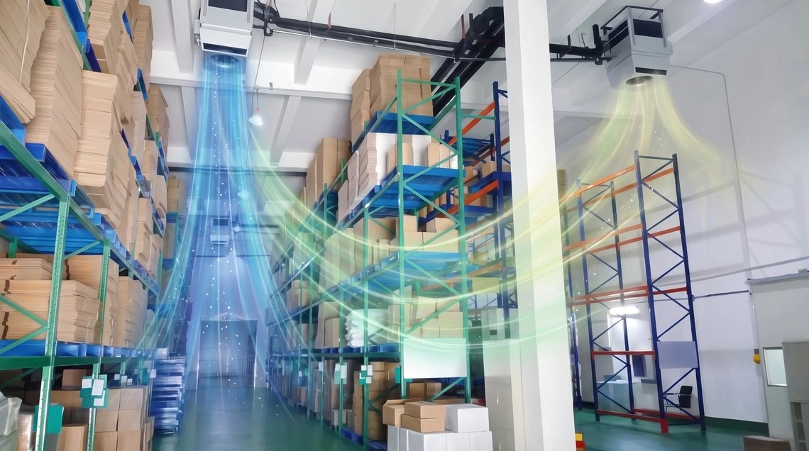 Mycond OXA unit in a high-bay warehouse, dried air descending between the racks