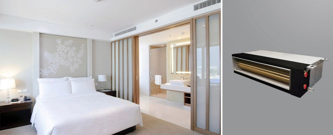 A compact fan coil unit designed for efficient air circulation in bedrooms.