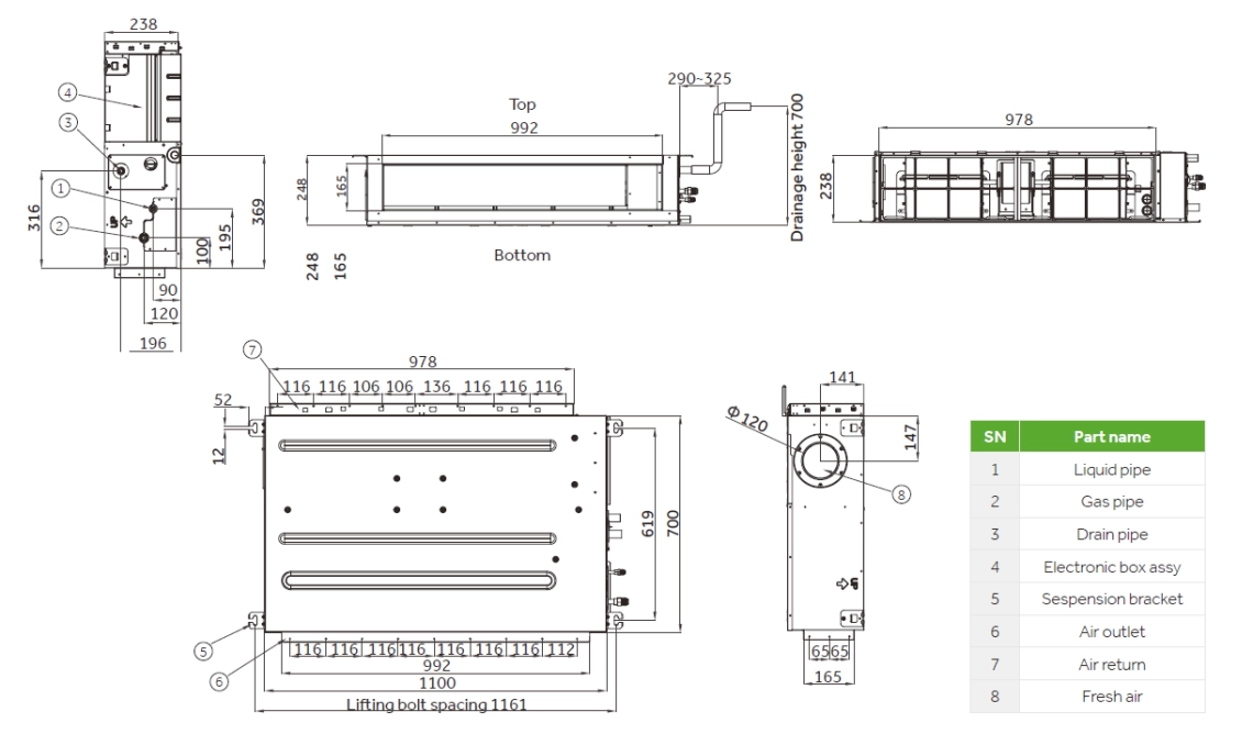 Diagram showing dimensions and key features of a high ESP duct system, including adjustable wind speed and static pressure settings.