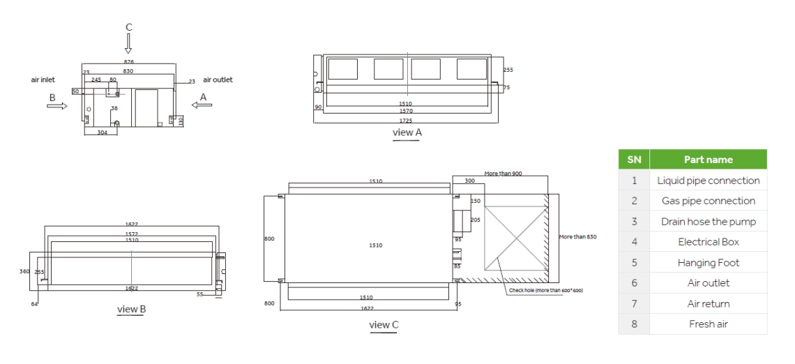 High ESP duct unit dimensions and specifications.