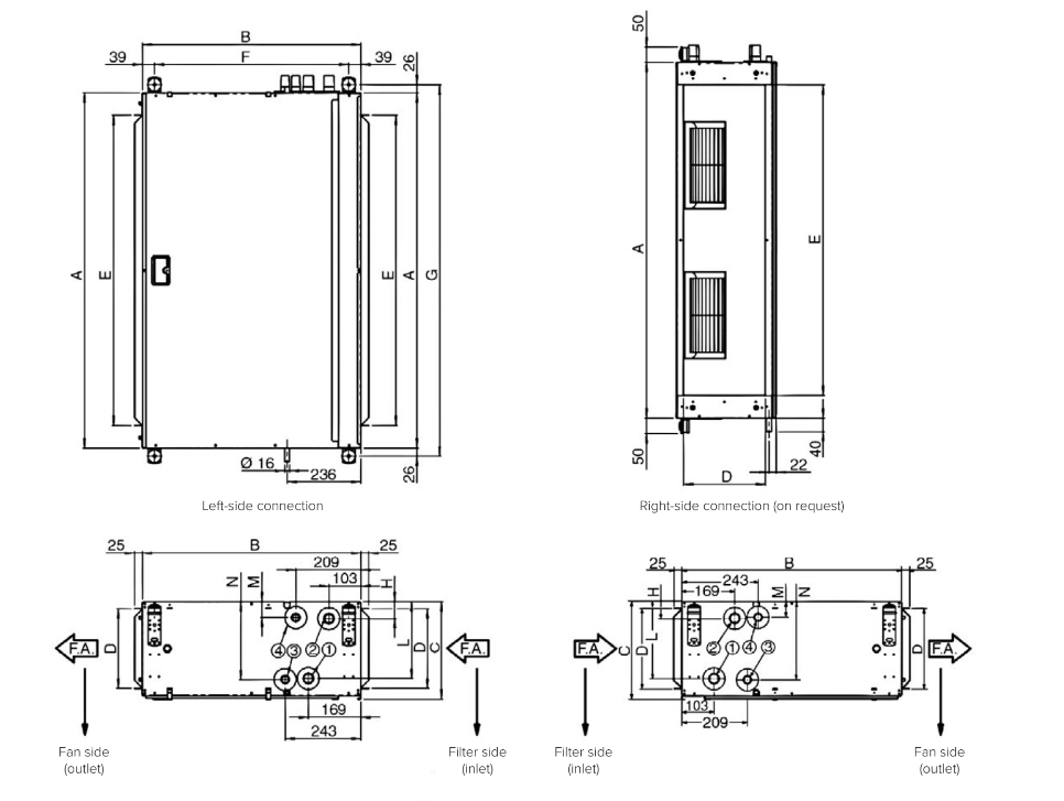 Diagram showing dimensions of DFCL series duct fan coil units.