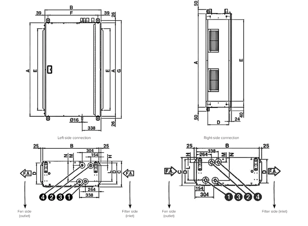Technical dimensions of DFCL series duct fan coil units.