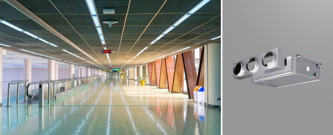 A high ESP duct fan coil unit installed at an airport.