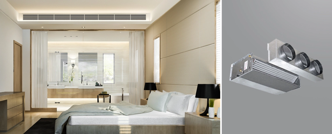 A modern hotel room featuring a medium ESP duct fan coil unit.