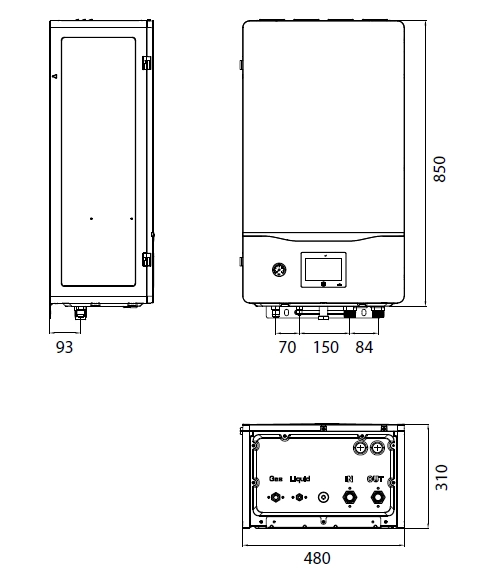 Indoor hydro box dimensions and features with 850x480x310 mm measurements.