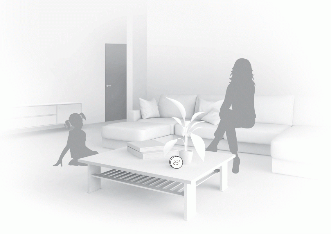 Illustration of MyCond Zigbee temperature and humidity sensor in use.