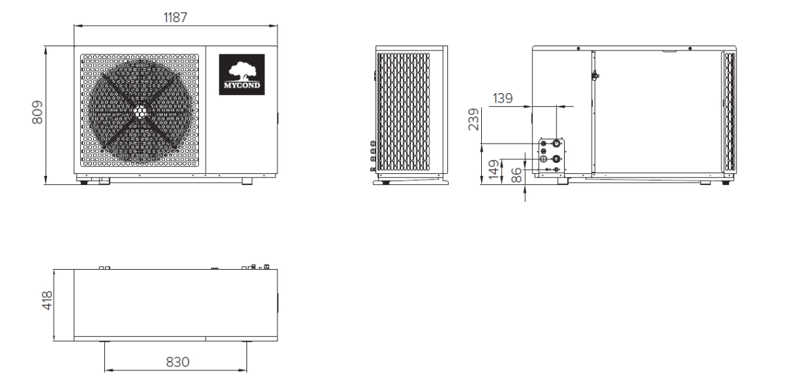 Dimensions and space requirements for the MHCM-06-SU1A outdoor unit.