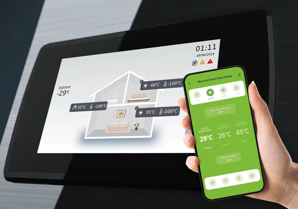 The controller optimizes heat pump performance with smart settings.