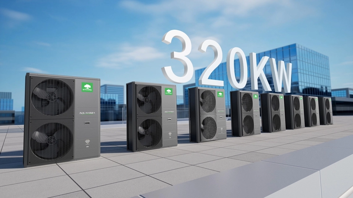 Mycond Aquaterra series cascade connection of up to 8 heat pumps delivering total heat output up to 320 kW
