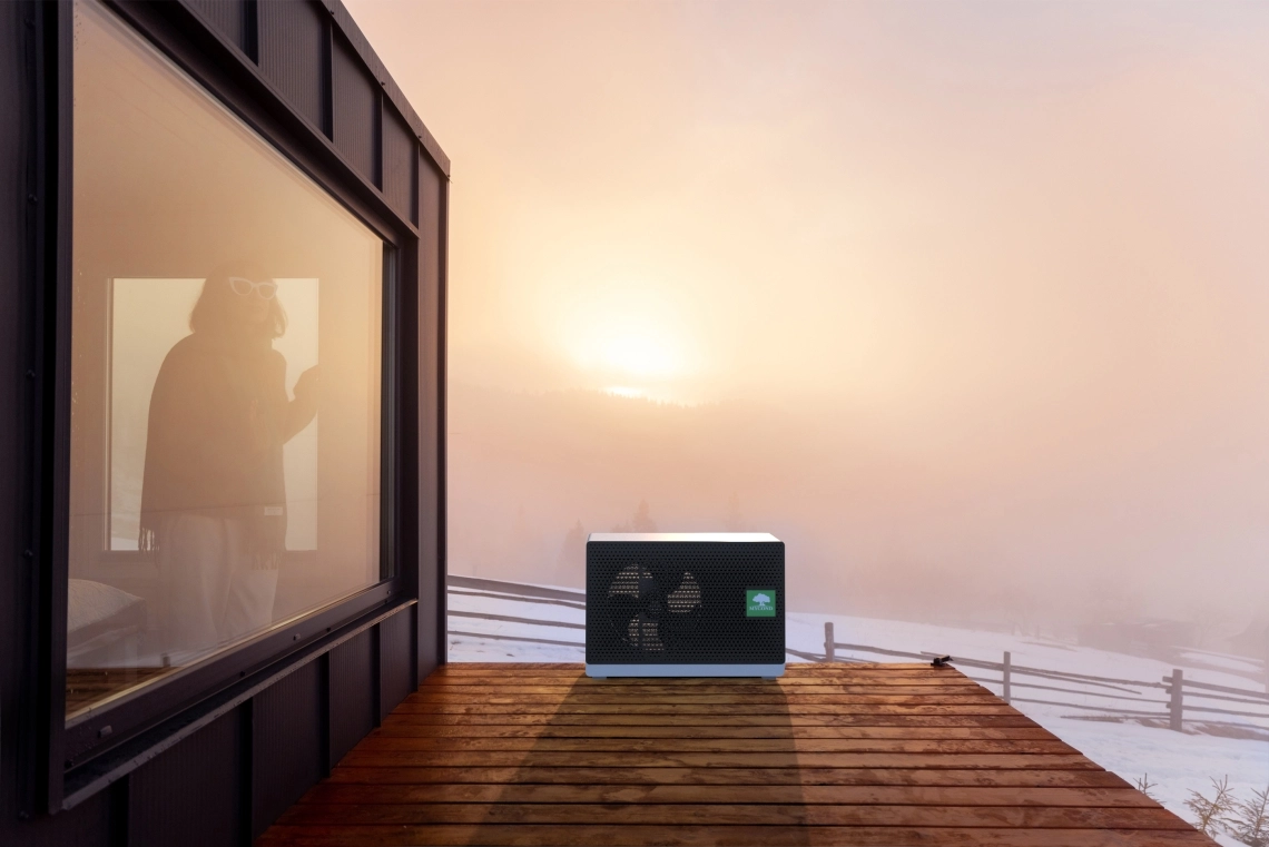 A woman enjoys the view from a window in a compact, energy-efficient house.