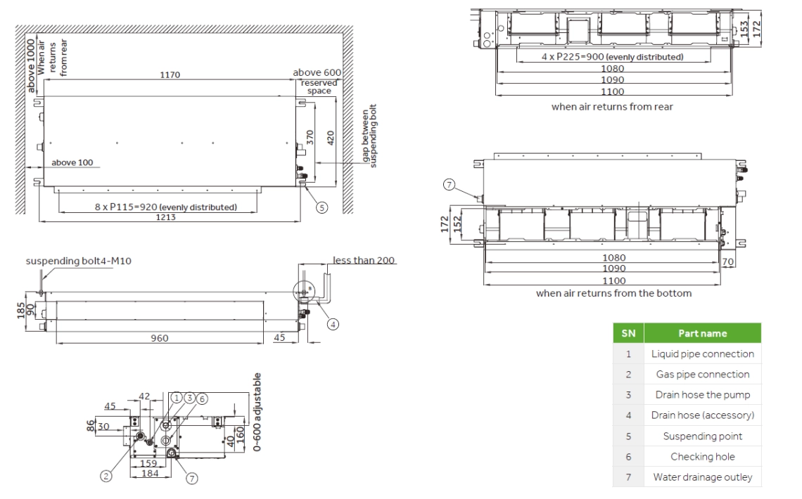 Diagram showcasing low ESP duct dimensions and features.