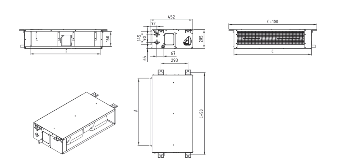 Diagram showing dimensions of the MCFDS series duct fan coil unit.