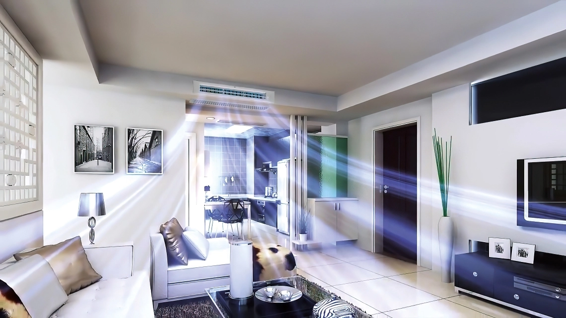 Compact duct system for efficient air conditioning.