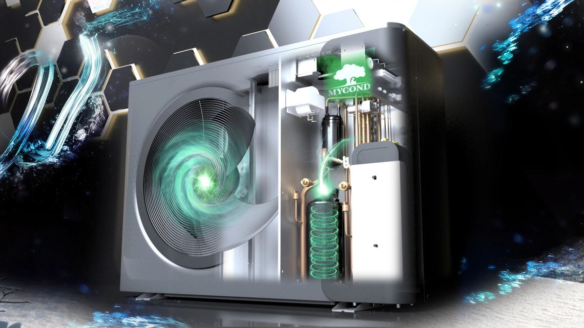 Low noise components of the MBasic series monoblock heat pump for efficient heating and cooling.