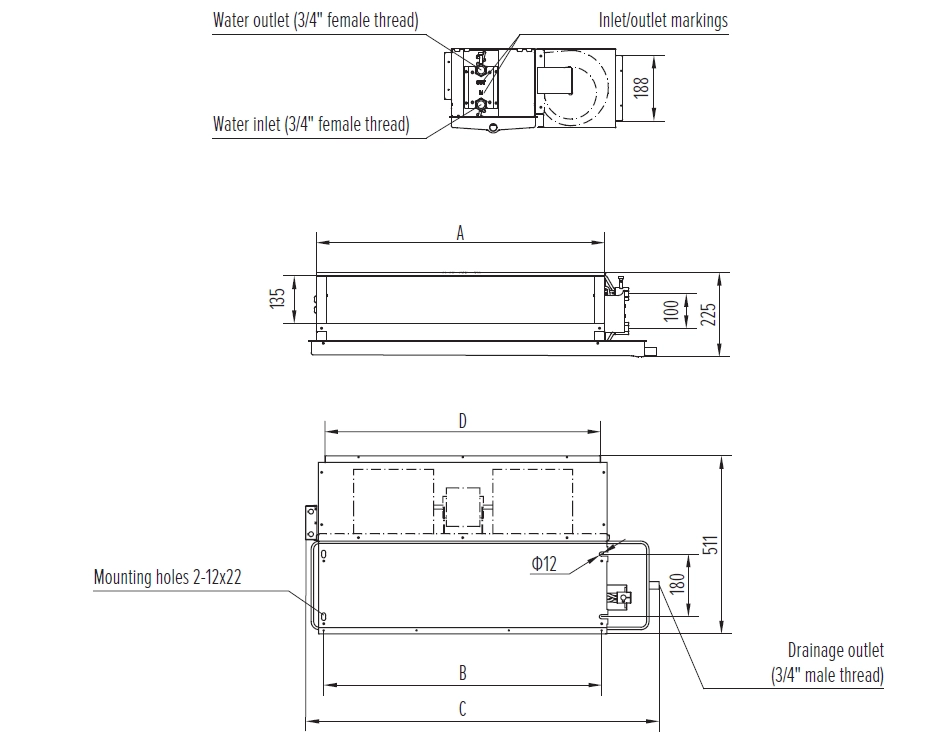 Diagram showing dimensions of Medium ESP duct fan coil units MCFC series.