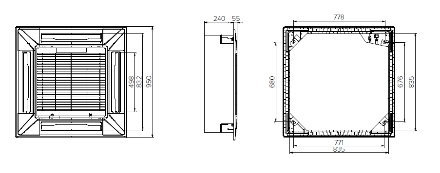 Compact 4-way cassette fan coil unit from MCFK-T2 series.