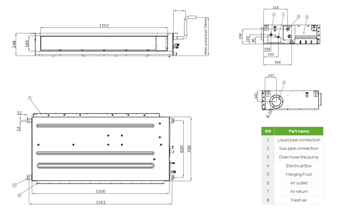 Diagram showing the dimensions and installation specifications of the Medium ESP duct series.