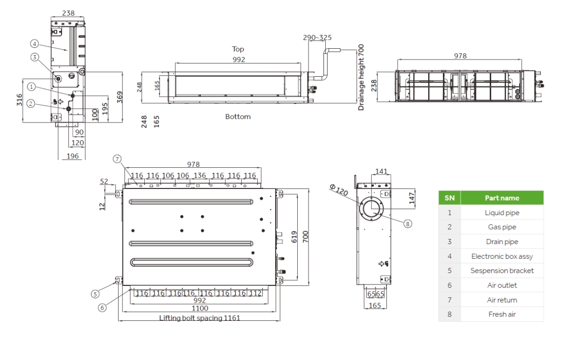 Diagram illustrating dimensions of the UV-C ray emitter for medium ESP duct.