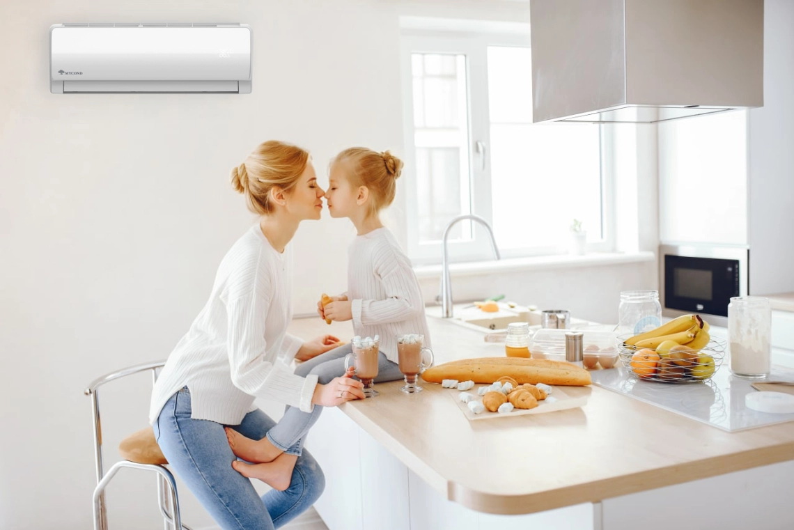 Wall-mounted fan coil unit with LED display and sleep mode.