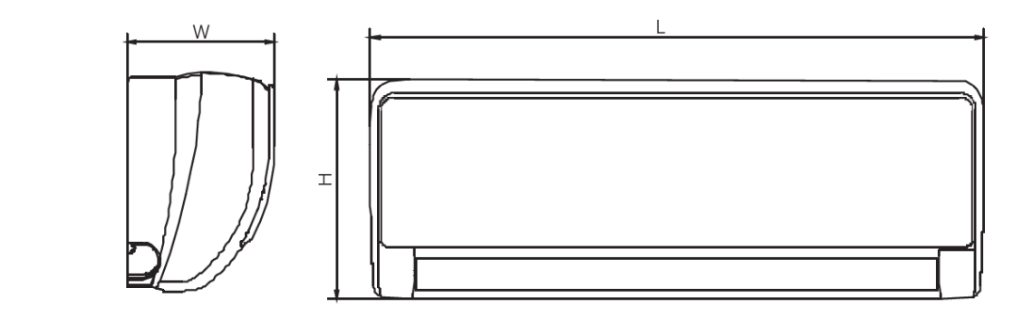 Diagram showing dimensions of wall-mounted fan coil units from the MHW series.