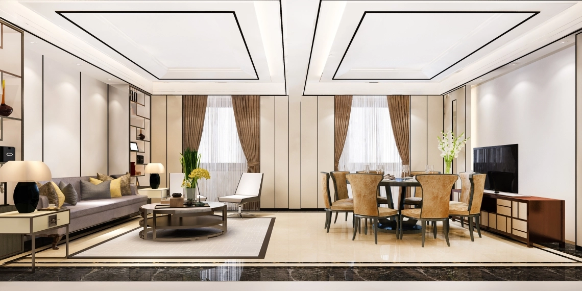 A luxurious modern dining and living room showcasing a heat pump integrated into the decor.