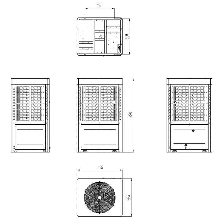Diagram showing dimensions of propane MCU-YHP expansion modules.
