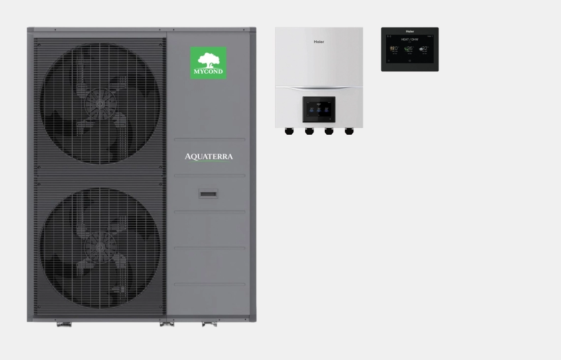 Mycond Aquaterra series monoblock R290 heat pump with indoor hydro module and smart control panel