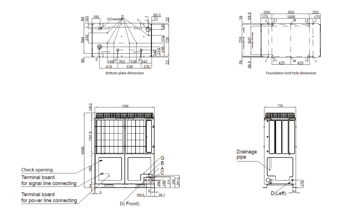 Diagram showing dimensions of MRF-6 air conditioning system for robust projects.
