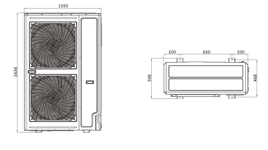 Dimensions of the MRF S outdoor unit with frontal discharge.