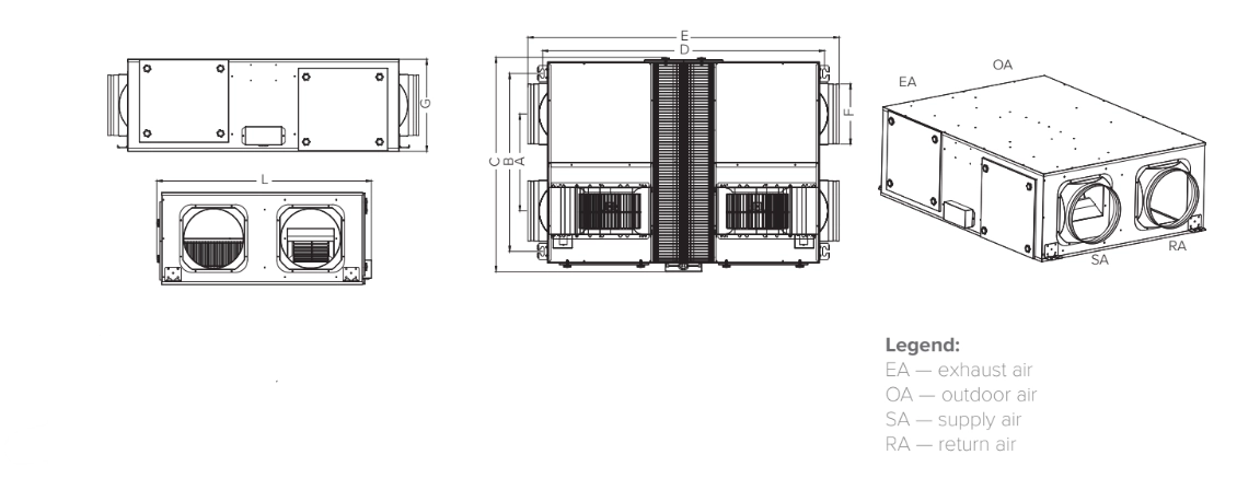 Dimensions of MVC-A series ventilation units for office and utility rooms.