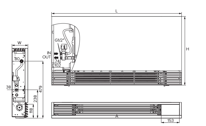 MyCon Silent Diagram displaying dimensions of silent series floor-standing fan coil units.
