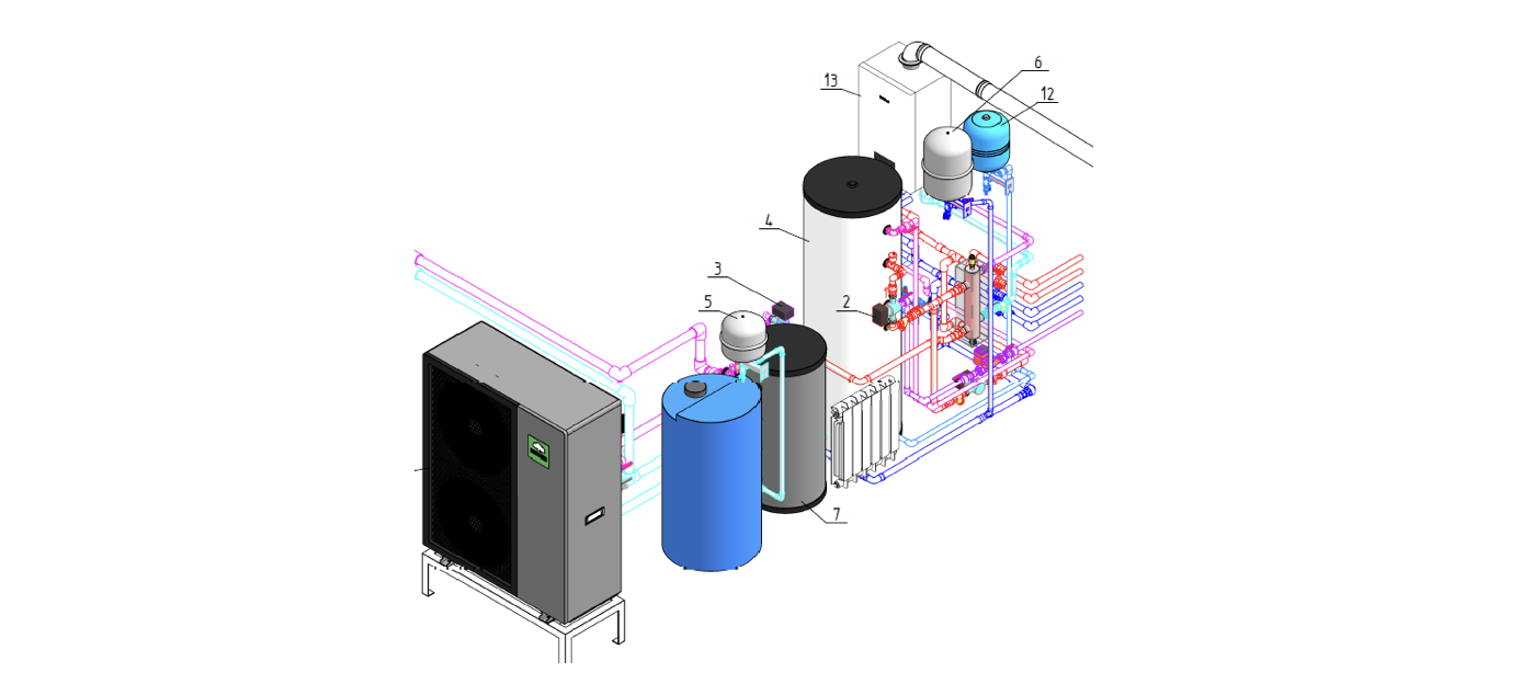 Boiler room setup with Mycond BeeEco heat pump and condensing gas boiler.