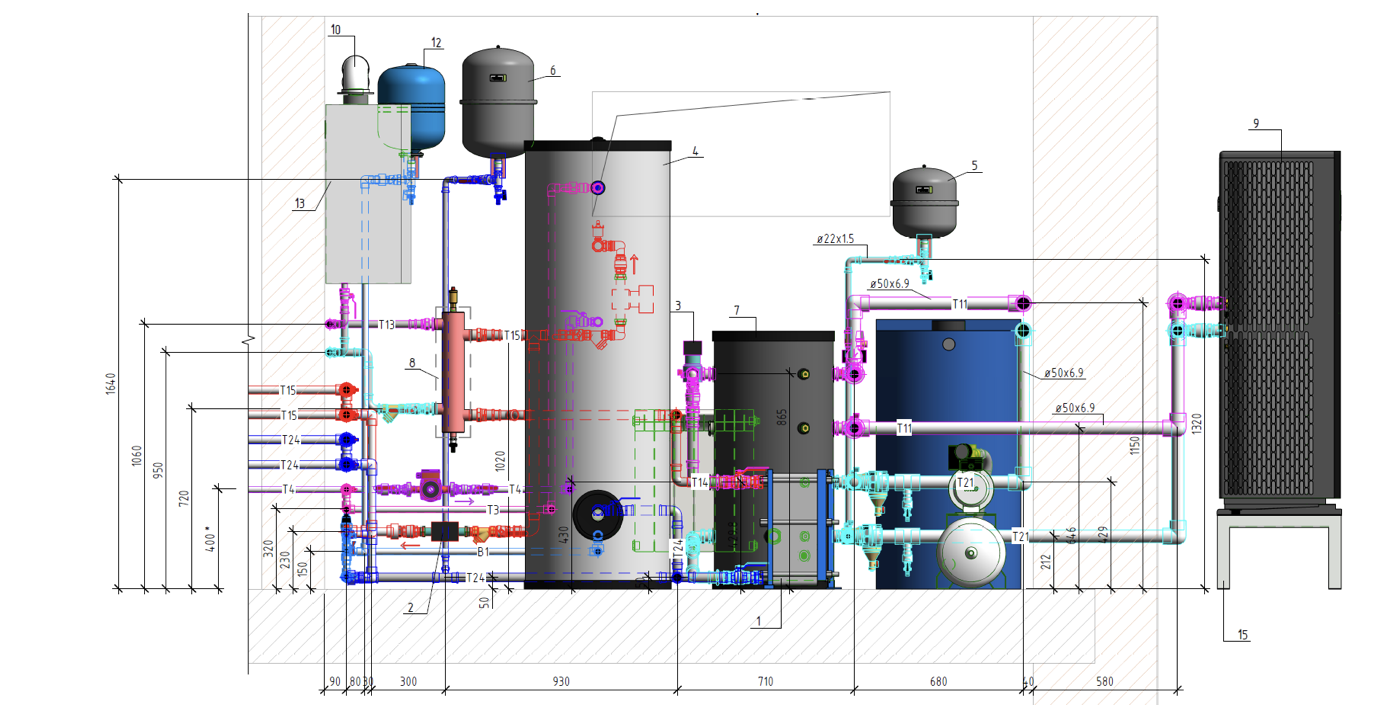 A Mycond BeeEco heat pump and gas boiler installed in a modernized boiler room.