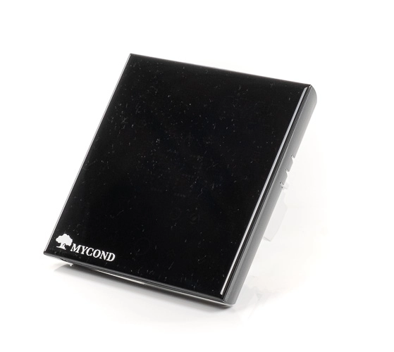 Mycond Block fan coil thermostat with white display and touch buttons for controlling air temperature and fan settings.