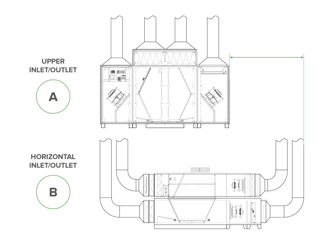 MyCond BreezMe FT technical drawing with dimensions and location of inlet/outlet openings