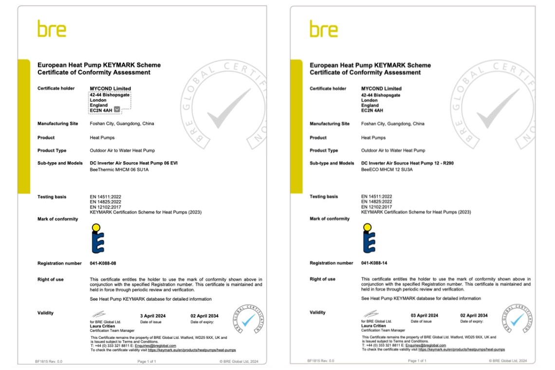 Mycond household heat pumps with the prestigious Keymark certificate.