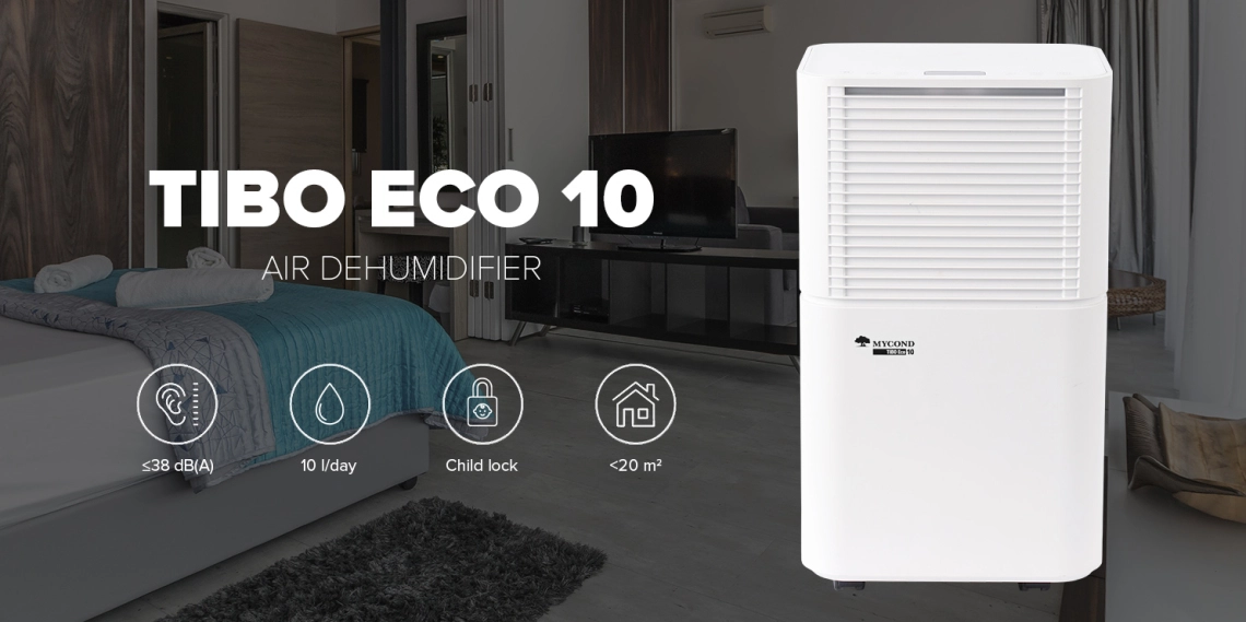 Mycond TIBO Eco 10 is a compact residential air dehumidifier ideal for reducing humidity and preventing mildew.