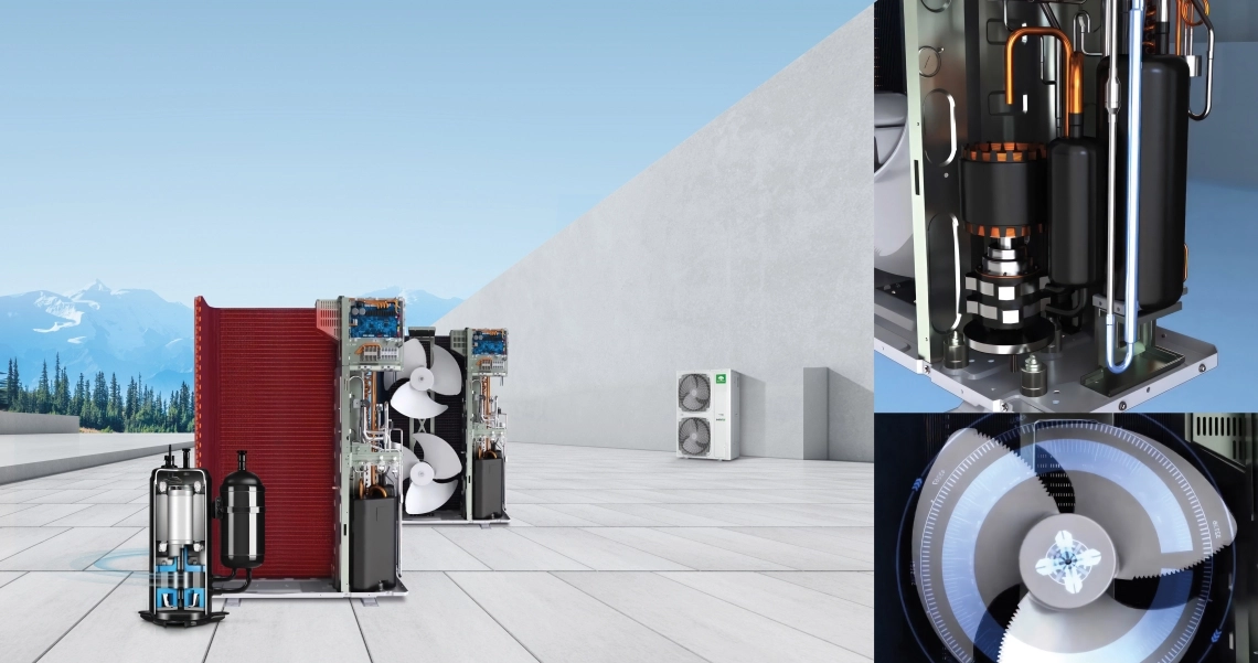 Outdoor unit with frontal discharge for efficient air conditioning.