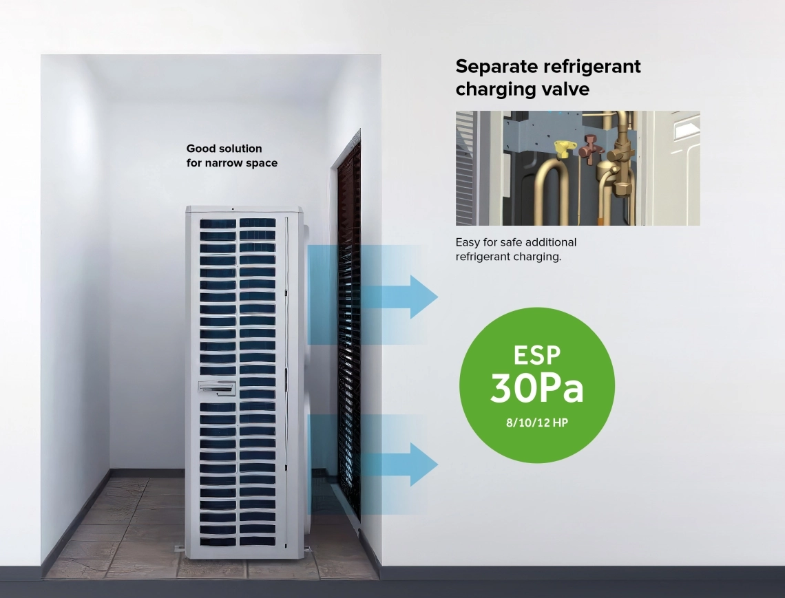 Outdoor unit with an inverter compressor for efficient air conditioning.