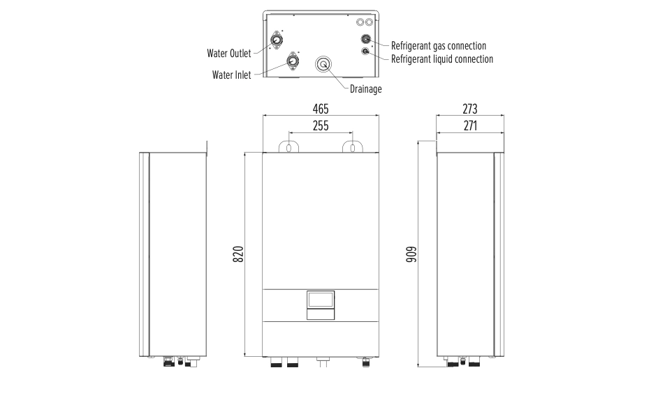Compact outdoor unit of Mycond BeeHeat heat pump with efficient refrigerant and water piping connections.