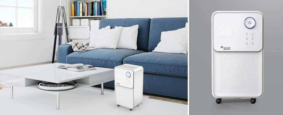 High-capacity YUGO Smart 16 dehumidifier for rooms up to 30 m2, featuring Wi-Fi control and quiet operation.