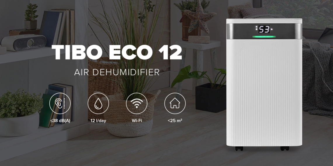 Compact and stylish MYCOND Tibo Eco 12 dehumidifier suitable for rooms up to 25 m², featuring Wi-Fi control and low noise level.