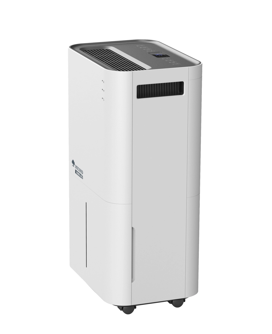 Compact room dehumidifier with modern control panel.
