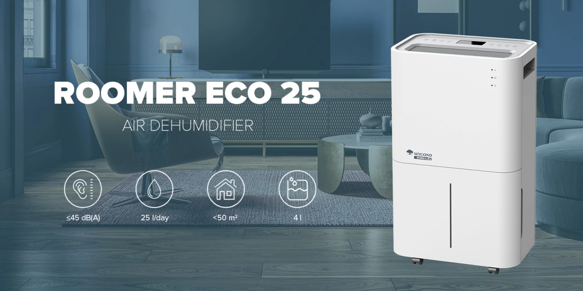 Roomer Eco 25 air dehumidifier designed for rooms up to 50 square meters with a capacity of 180 m3/h.
