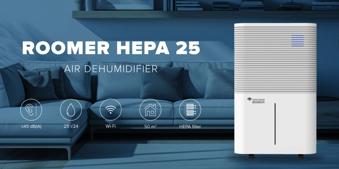 The Roomer Hepa 25 series air dehumidifier with Wi-Fi control supports eco-friendly refrigerant and provides high-quality air purification for rooms up to 50 m2.