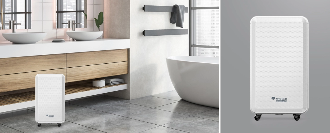 Roomer Smart 12 dehumidifier effectively removing moisture in a bathroom.